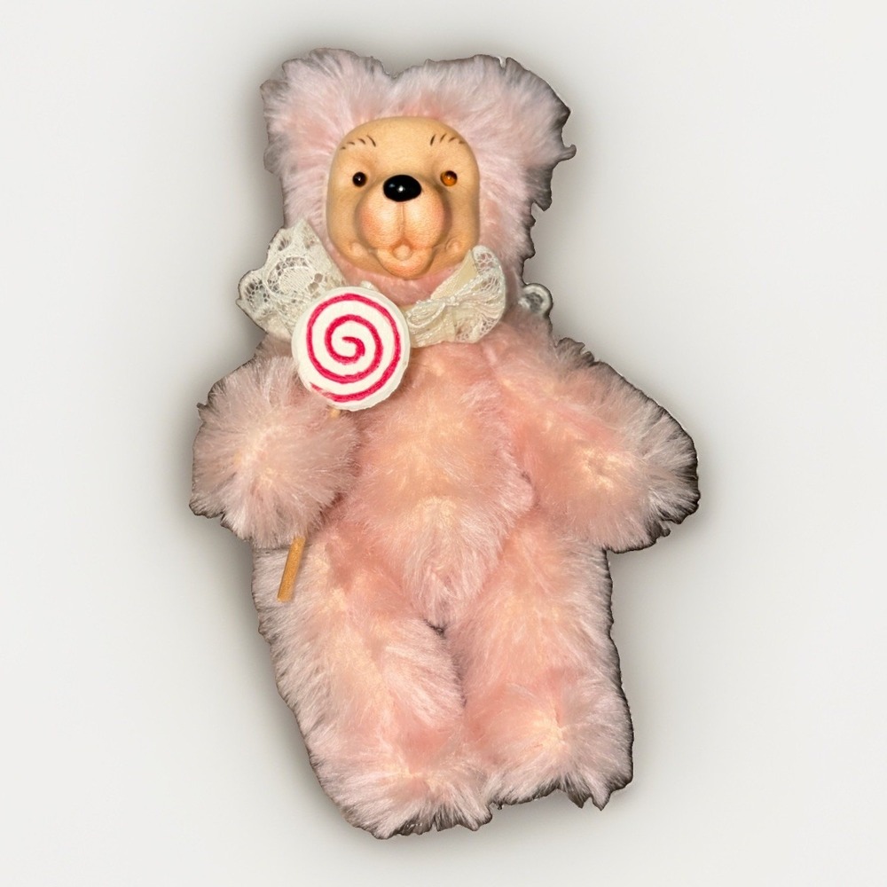 Vintage Robert Raikes Pink Plush Teddy Bear Carved Wood Face Lollipop Collar